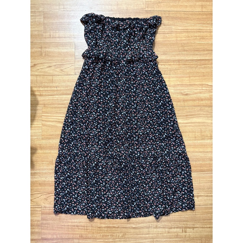 Sadie & Sage Boho Dress Strapless Midi Black Floral Ruffled Smocked‎ Waist Sz S - Picture 2 of 8